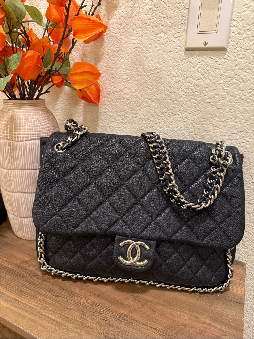 CHANEL Black Quilted Caviar Double Flap Shoulder Bag with Silver-Tone Chain